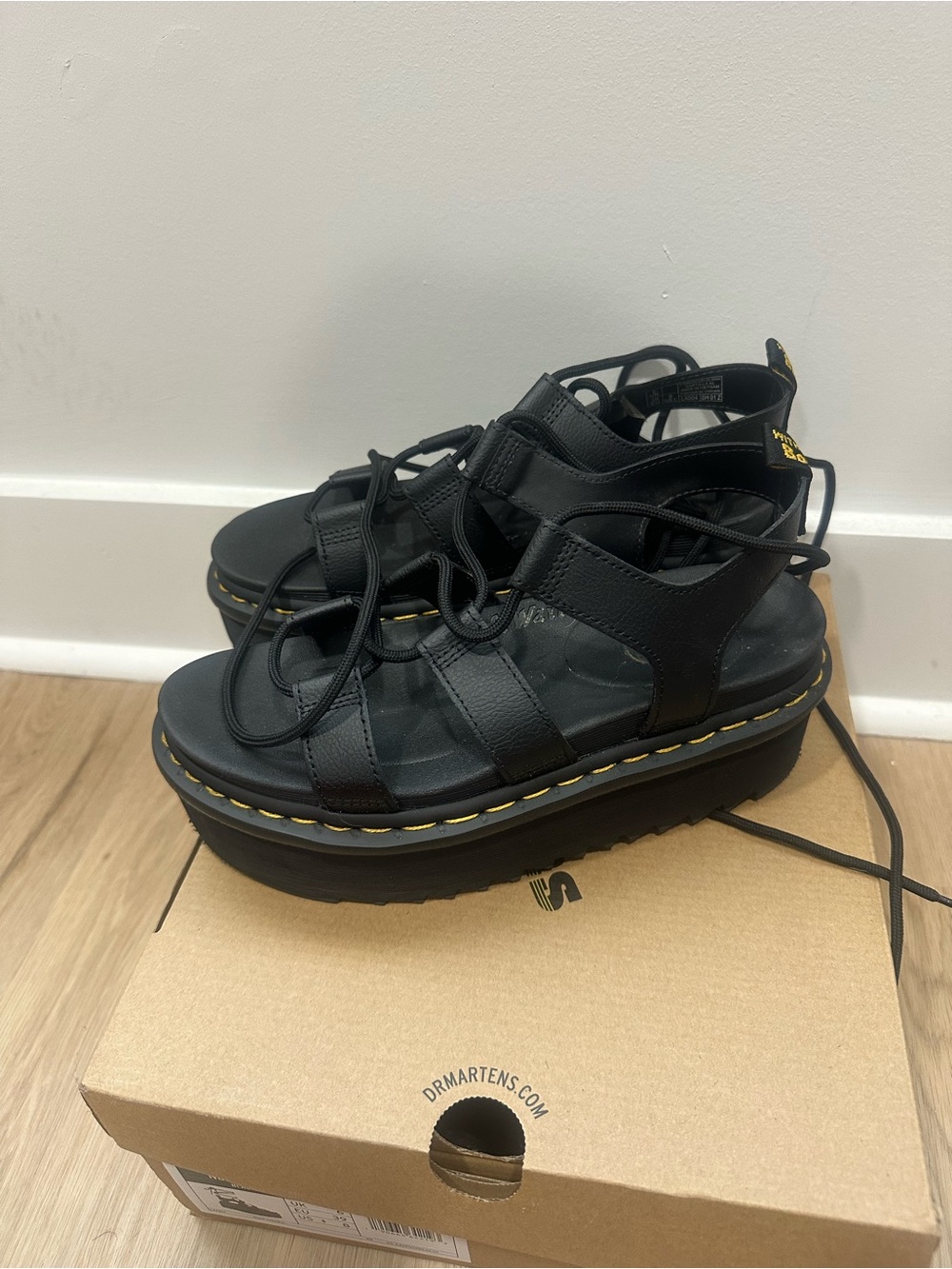 Dr. Martens Black Lace-Up Platform Sandals with Yellow Stitching - Picture 5 of 6